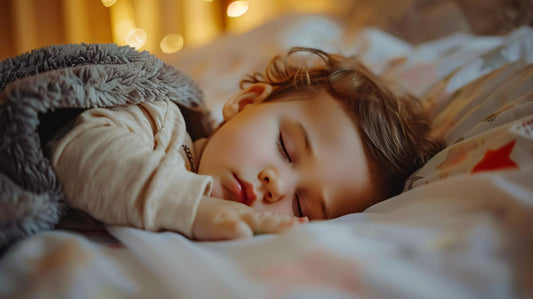 Image: A toddler child sleeping in bed, with a golden glow of light in the background.