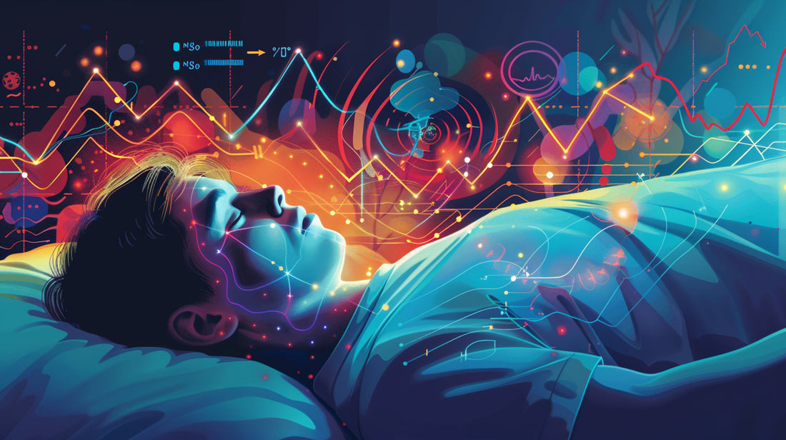 Image: A man sleeping on a bed with complex images, graphs and diagrams floating around him.