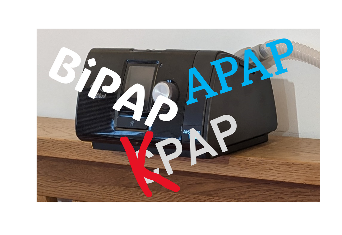 Image: A Positive Airway Pressure machine with the words, BiPAP, APAP and CPAP overlayed in large type. The CPAP word has the letter K spray-painted over the letter C in red paint. This makes the word CPAP now read KPAP.